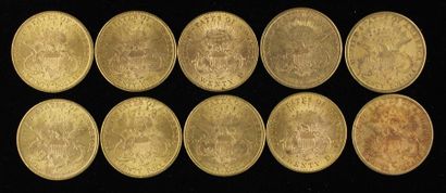null *Dix pièces de 20 dollars en or 1875(2), 1881,1885, 1897(2), 1891, 1893, 18...