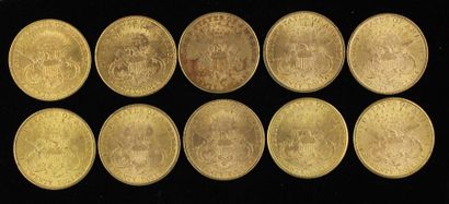 null *Dix pièces de 20 dollars en or 1900(7), 1901, 1905, 1904