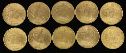 null *Dix pièces de 20 dollars en or 1904, 1908(3), 1909, 1910, 1911(2), 1914(2)