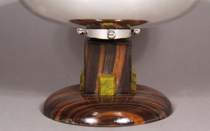 null Cup on pedestal with wooden base and rectangular resin sconces, silver plated...