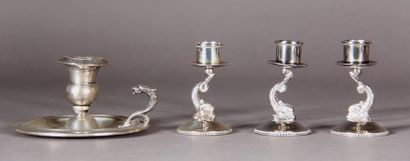 null Silver lot:
- 800°/°° silver hand candlestick with palmette frieze and eagle...