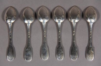 null Six 950°/°° silver mocha spoons, single flat, pds: 94.2 g.