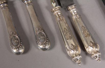 null Two services to be cut, silver handle with 950°/°°° guilloché and numerals,...