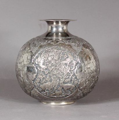 null Globular vase with a small flared neck in silver engraved with medallions decorated...