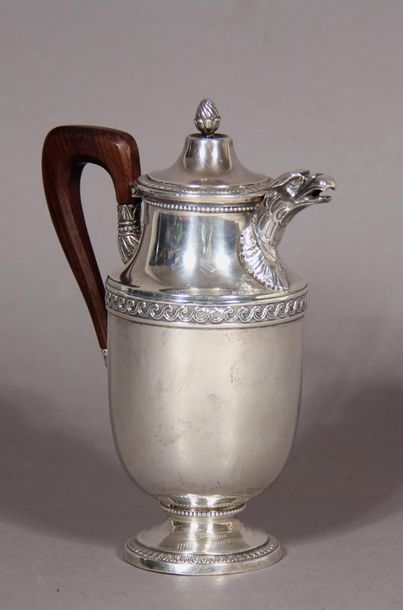 null Small pourer on silver pedestal, eagle-headed spout, natural wooden handle,...