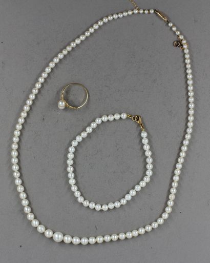 null Lot :

- Collier de perles de culture en chute, fermoir en or jaune 18k (pds...