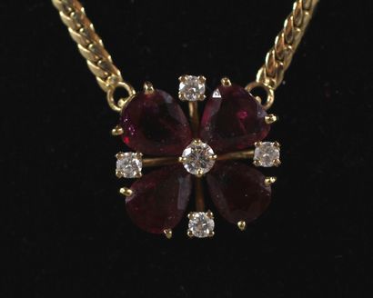 null *18k yellow gold flat mesh necklace, flower pendant set with garnets and white...