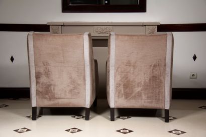 null Four bergères with ears in taupe velvet with grey stripes, legs in stained wood....