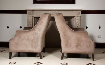 null Four bergères with ears in taupe velvet with grey stripes, legs in stained wood....