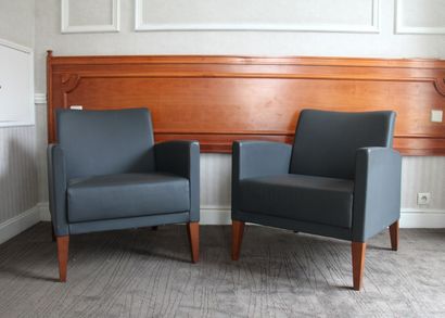 null Pair of bergères, a chair and a pouf in blue-grey grained skai, stained wood...