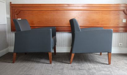 null Pair of bergères, a chair and a pouf in blue-grey grained skai, stained wood...