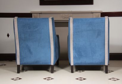 null Pair of bergères with ears in blue velvet with grey stripes, legs in stained...