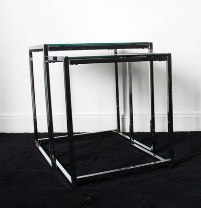 null Three cubic nesting tables in chromed metal, black tinted transparent glass...