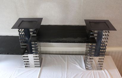 null Modular display stand in openwork chrome metal and slate trays including:

-...