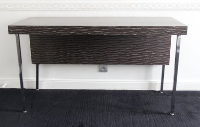 null Rectangular laminate console with trompe l'oeil decoration of wood strips, cubic...