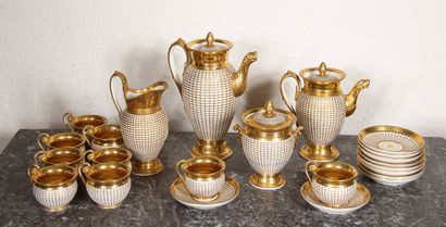 null White porcelain tea-coffee set on pedestal with gilded squares, Paris 19th c....