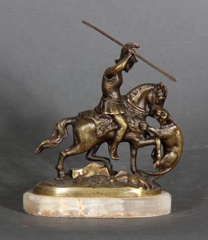 null Modern school.

Rider attacked by a tiger. 

Sculpture in bronze on an onyx...