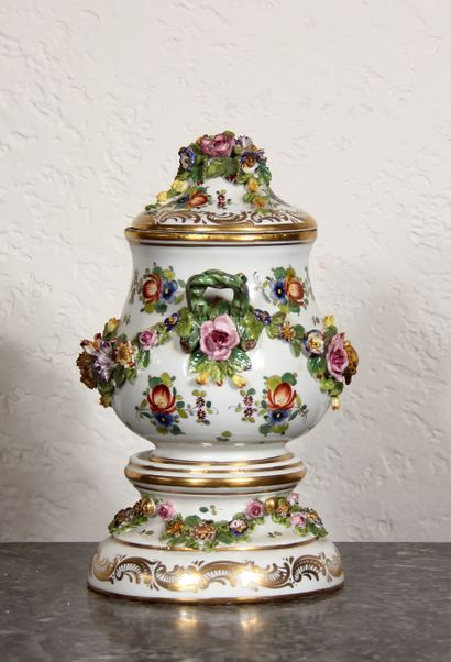 null Covered pot with two handles and its support in polychrome and gilded porcelain...