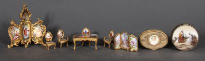 null Metal doll's furniture painted with gallant scenes in the 18th century taste....