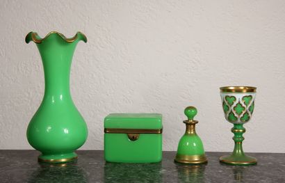null Green opaline glass set including a vase, a covered box, a bottle and a glass...