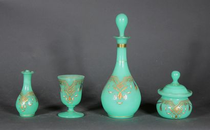 null Green opaline water glass with enamelled and gilded decoration (4 pieces: a...