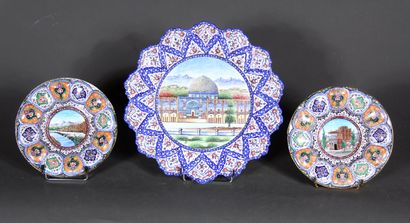 null A dish and two enamelled metal bowls with polychrome decoration, Indian or Iranian...