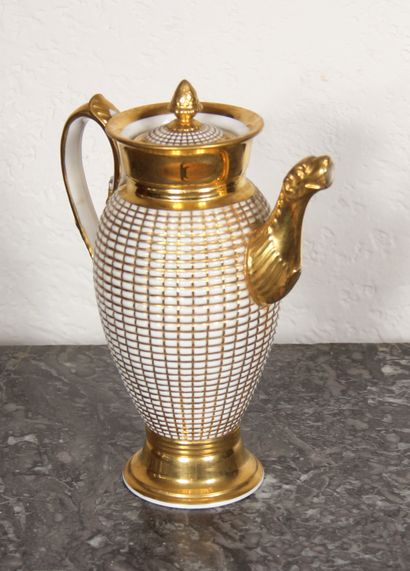 null White porcelain tea-coffee set on pedestal with gilded squares, Paris 19th c....