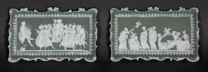 null Six rectangular and oval bas-reliefs in white biscuit on a green background...