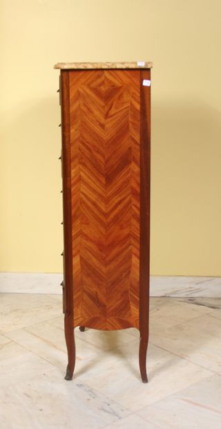 null Wooden veneer curved semainier, inlaid with flowering branches, veined marble...