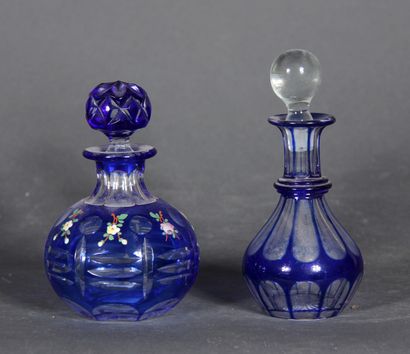 null Two glass bottles overlay in transparent and dark blue glass.

H of the largest:...