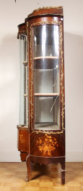 null Curved display cabinet with a doucine in veneer inlaid with flowers, opening...