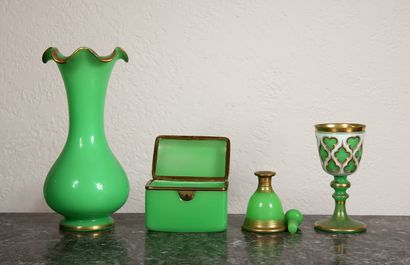 null Green opaline glass set including a vase, a covered box, a bottle and a glass...