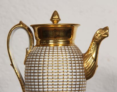 null White porcelain tea-coffee set on pedestal with gilded squares, Paris 19th c....