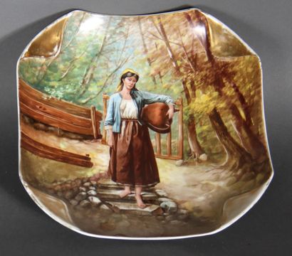 null Square porcelain dish with polychrome painted decoration of a woman going to...