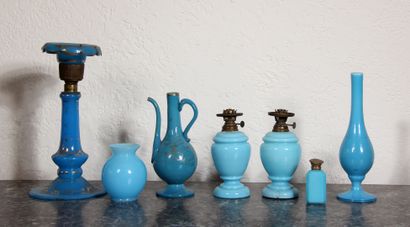 null Lot of blue opaline bottles, vases, candlesticks, lamp bases