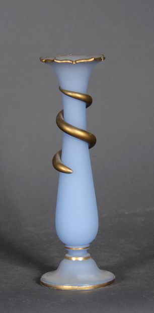null A blue-grey matte glass tulip vase with gold edging and a twisted element in...
