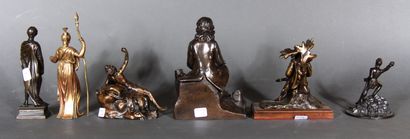 null Lot of six sculptures in patinated metal decorated with characters. 

H of the...