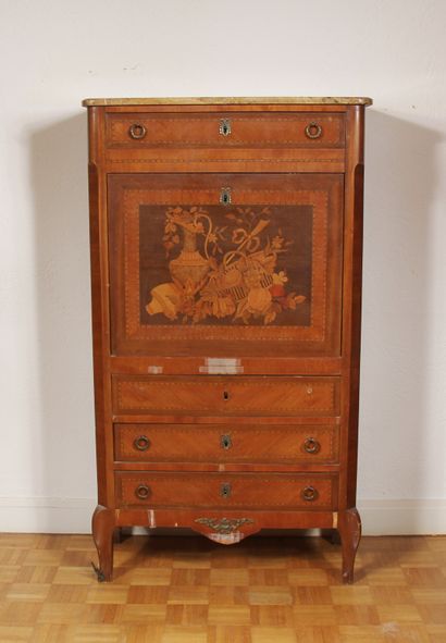 null Veneered secretary with flap, inlaid with a still life, opening to a drawer,...