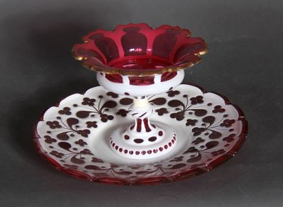 null Large poly-lobed dish and cup on a poly-lobed pedestal in red and white transparent...