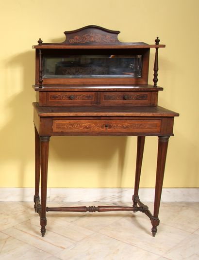 null Veneered desk with scrollwork, bisotée glass, one drawer in the belt, early...