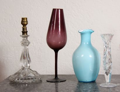 null Lot of vases, pourer, candlestick, cup on foot in transparent and polychrome...