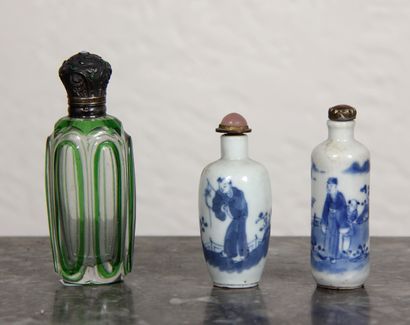 null Set of six salt and perfume bottles in glass and white-blue porcelain, two with...