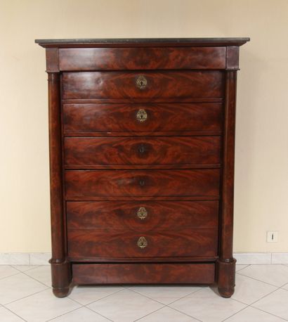 null Mahogany veneered weekly cabinet with detached columns, black marble top, 19th...