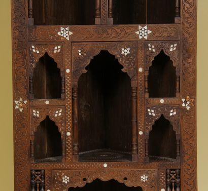 null Corner shelf in natural wood carved with scrolls and mother-of-pearl marquetry,...