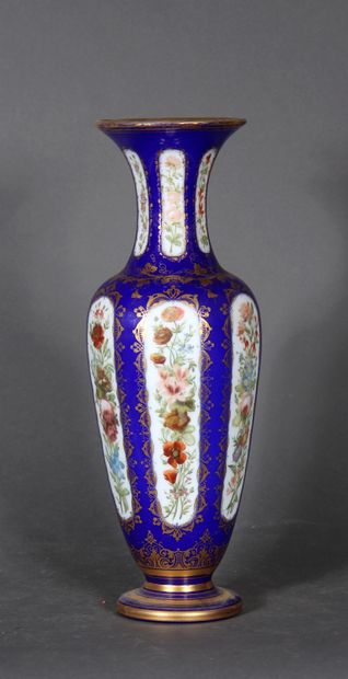null A white and blue opaline glass baluster vase on a pedestal with painted and...
