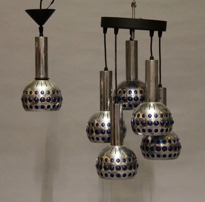 null Suspension comprising five lights formed of openwork chromed metal tubes and...