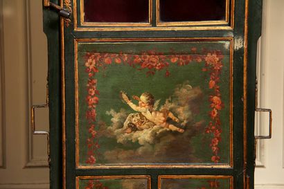 null Green lacquered wood chair with polychrome decoration of putti among clouds...