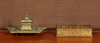 null Metal and bronze lot: inkwell, pocket box and jewellery box
