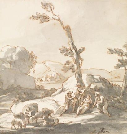 Ecole hollandaise - Vers 1700 Pâtre jouant de la flûte et berger près de leurs moutons...