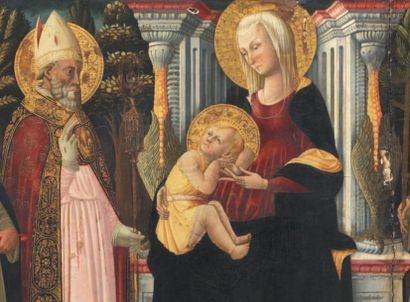 NERI DI BICCI (Florence 1419-1491) La Vierge à l'Enfant sur un trône entouré des...